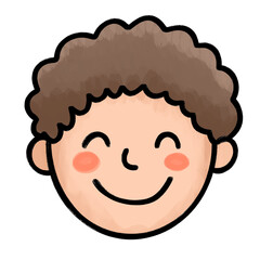 Cute Smiling Boy Face with Brown Curly Hair, Children's Naive Art Hand Drawn Cartoon Illustration PNG on Transparent Background