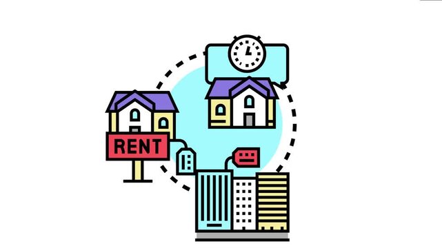 Housing assistance concept government support for rental costs, with different property types and a clock symbolizing timely financial aid for tenants
