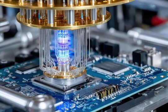 Quantum computing technology displayed on a circuit board in a modern laboratory setting
