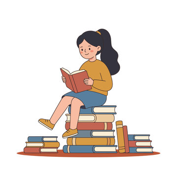 Young Girl Reading a Book on Colorful Books, Children's Literacy Vector