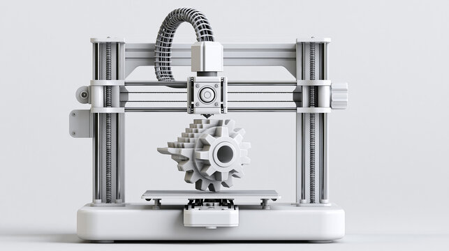 A 3D printer creating a complex part layer by layer, symbolizing additive manufacturing, 3D printing production, technology manufacturing
