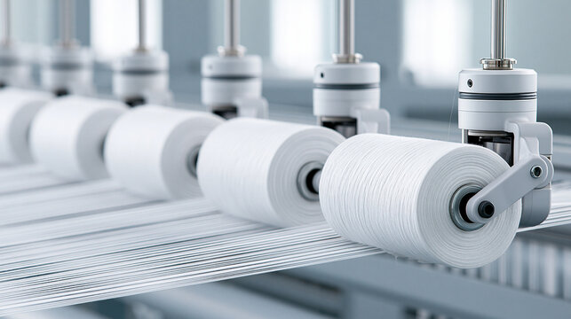 Textile weaving machines producing fabric in a modern textile mill, textile production, fabric manufacturing