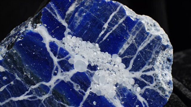 Close-up of a rough, natural lapis lazuli stone with golden flecks and white calcite veins, macro detail