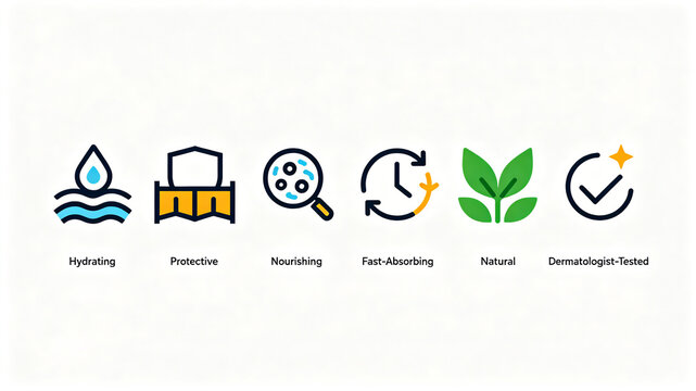 A collection of colorful beauty efficacy icons representing nourishing, moisturizing, and natural safety concepts, suitable for skincare detail modules and product introduction images.
