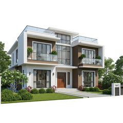 Fototapeta premium Modern luxury two-story residential villa with glass balconies and a spacious front yard