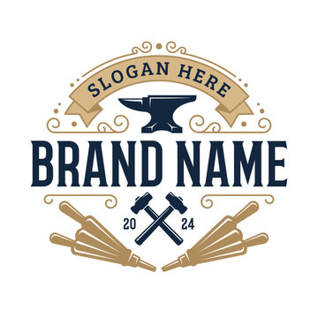 Blacksmith anvil and hammer forge logo emblem.