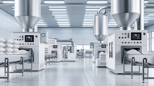 Industrial machines processing grains in a food production facility, grain processing, food production line