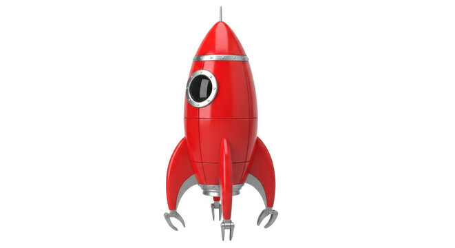 vintage red rocket with silver accents and claw-like feet against a clean white background