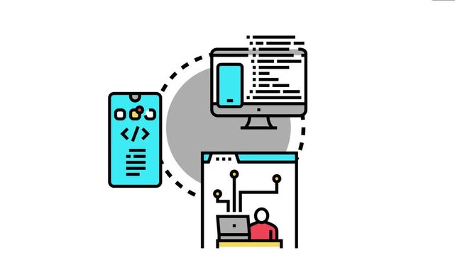 Application development process concept different stages including user interface design, backend coding, and software engineering