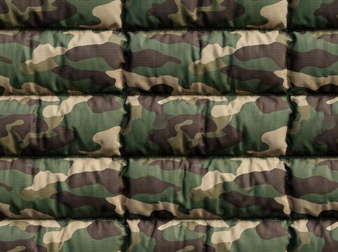 Close up of a quilted camouflage fabric with stitched puffy squares in green and brown tones, showing a padded military inspired texture ideal for outdoor gear and apparel textile design.