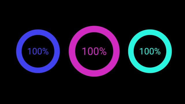 Three circular loading progress bars counting to 100 percent on black background animation