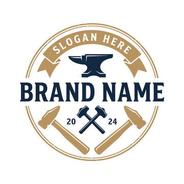 Vintage blacksmith anvil and hammer logo.