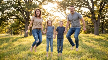 Fototapeta premium Energetic Family Jumping on Grass During a Fun Outdoor Moment