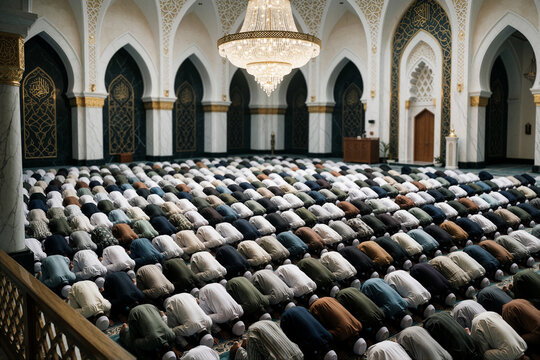 Large Muslim Congregation Performing Sujood Prayer Inside Ornate Mosque