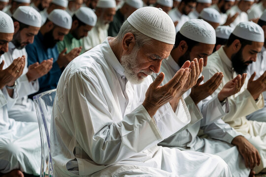 Muslim Men Raising Hands in Prayer During Religious Gathering