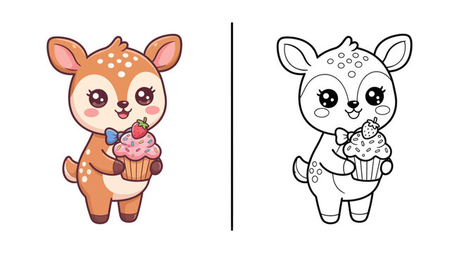Cute kawaii deer cupcake kids coloring worksheet vector