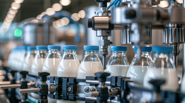 A modern dairy processing plant producing milk and cheese with automated systems, dairy production process, food manufacturing