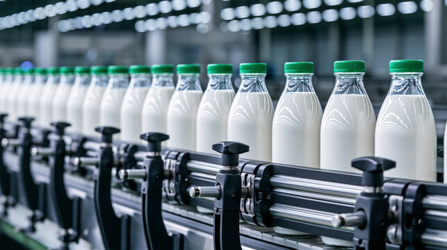 A modern dairy processing plant producing milk and cheese with automated systems, dairy production process, food manufacturing