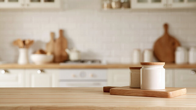 Cozy Kitchen Countertop: A clean and inviting kitchen scene featuring a wooden countertop with ceramic jars, set against a backdrop of white tiled backsplash and wooden cutting boards.