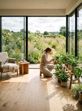 Woman watering potted plants in a bright modern sunroom overlooking a lush wildflower garden, symbolizing home gardening, sustainable living and calm indoor plant care.