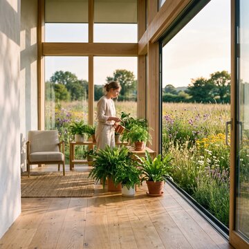 Woman watering potted plants in a bright modern sunroom overlooking a lush wildflower garden, symbolizing home gardening, sustainable living and calm indoor plant care.