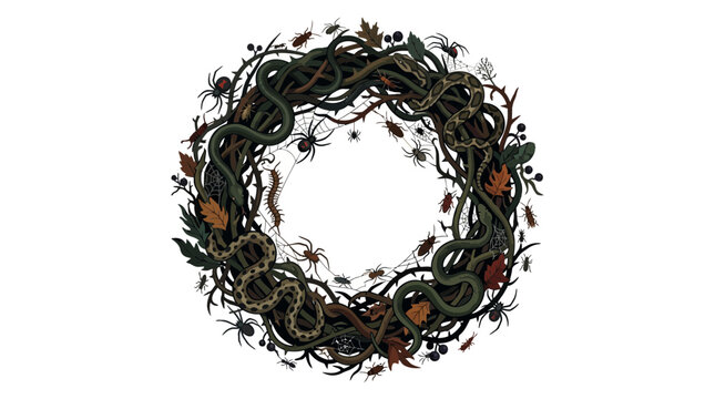 Halloween text frames with snake and spider wreaths. Scary decorative borders with vines, leaves and bugs. Spooky horror design elements for invitations.