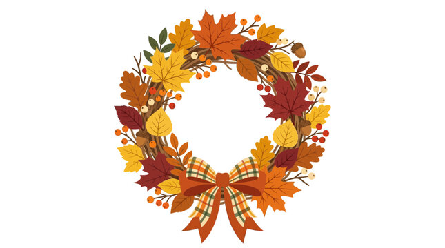 Autumn Leaf Wreath Set, Fall Seasonal Decor with Plaid Ribbon, Maple and Oak Leaves, Circular Floral Garlands for Holidays