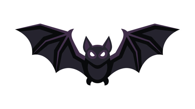 Cute cartoon bat flying sideways. Halloween spooky black and dark purple animal illustration. Playful creepy creature silhouette. Holiday design element for posters and web.