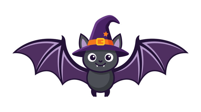 Cute Flying Halloween Bat with Witch Hat Design. Adorable Vector Illustration for Childrens Book, Party Decor, and Greeting Cards