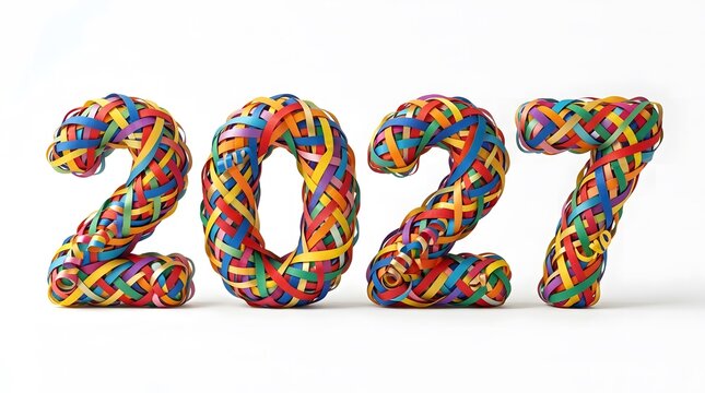 Three dimensional numbers twenty twenty seven formed by a colorful collection of various small plastic toys and school supplies isolated on white background