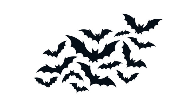 Horde of flying bats vector illustration. Halloween party decorations and spooky seasonal backgrounds.
