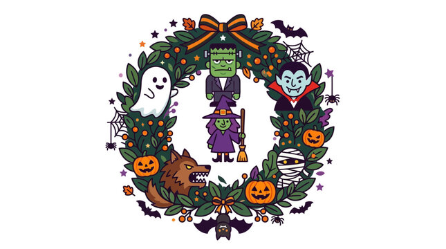 Cute Halloween alphabet letter C with monsters, ghost, vampire, werewolf and witch in wreath, trick or treat border design concept, spooky spooky illustration