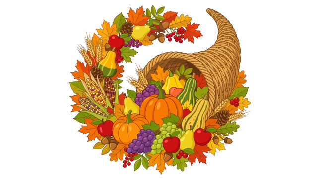 Cornucopia wreath, autumn harvest horn of plenty, fall foliage illustration, seasonal vector, fruit and vegetable decoration, Thanksgiving design template