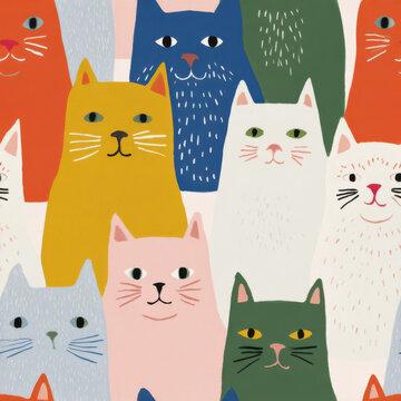 Cute cat pattern colorful cat face playful illustration seamless background pet portrait hand drawn style flat design domestic cat animal pattern cute animal orange cat blue cat yellow cat white