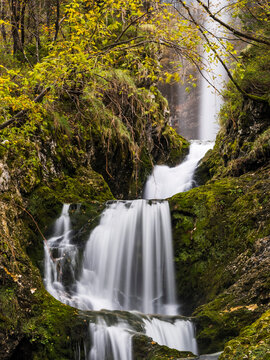 Goriuda waterfall cascades over mossy cliffs in a wild autumn forest setting, evoking nature tourism and pure outdoor exploration, Goriuda waterfall, Julian Alps, Chiusaforte, Friuli, Italy.