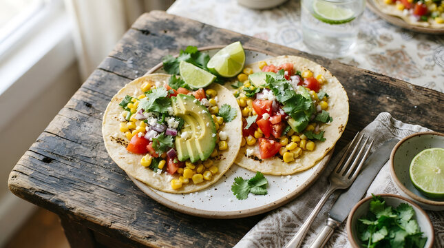 Two delicious corn tacos topped with fresh avocado tomato salsa and lime served on rustic wooden kitchen table.