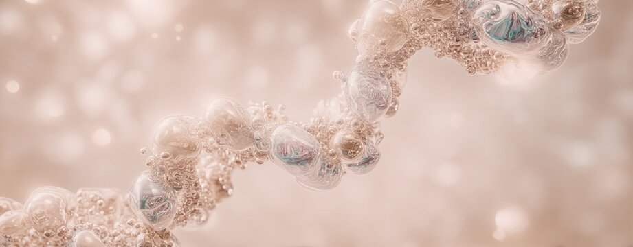 Abstract close-up of a DNA double helix strand with iridescent bubbles and light reflections, futuristic scientific