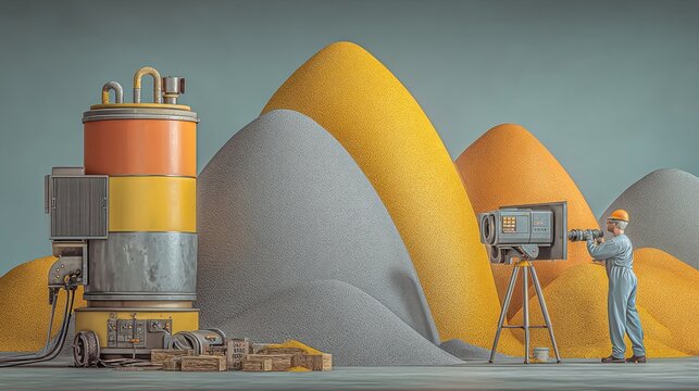 Miniature scientist in protective gear operating a futuristic industrial machine amidst colorful abstract mounds and