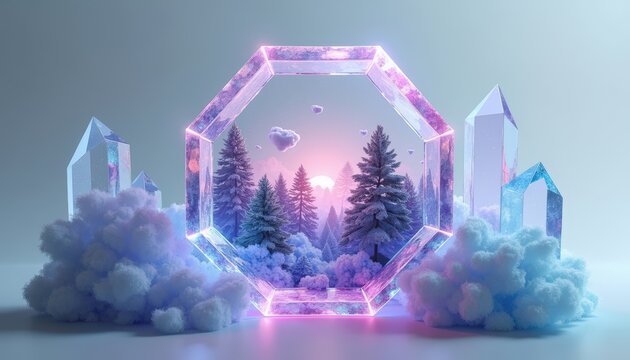 Octagonal crystal portal framing snowy pine forest at sunrise, ethereal winter landscape, magical atmosphere, fantasy