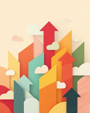 Colorful Paper Art Arrows and Cloud Illustration Representing Growth and Progress