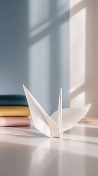 Elegant white origami butterfly on a smooth white surface with soft natural light and pastel-colored books in the background