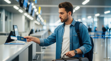 Fototapeta premium A focused young traveler in a casual denim jacket hands over a passport at an airport immigration self-service kiosk in a modern terminal with bright lighting and a busy yet orderly atmosphere.