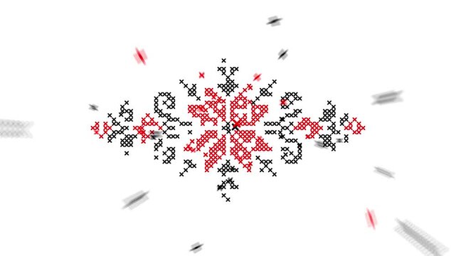 Animated Ukrainian Cross Stitch Ornament Forming from Individual Stitches, Red and Black Vyshyvanka Geometry, Traditional Folk Embroidery Assembly, Modern Motion Graphic on White Background