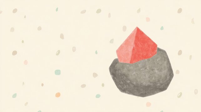 Abstract minimalist illustration of a volcanic mountain with a vibrant red peak surrounded by scattered colorful stones