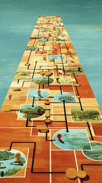 Colorful Board Game with Circular Boards, Wooden Pieces, and Connecting Pathways on a Wooden Surface