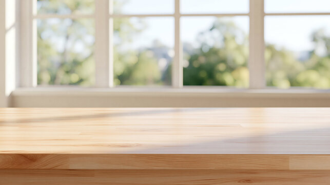 Sunlit Table by the Window: A warm, empty wooden table catches the morning sun, set against a soft-focus backdrop of a window revealing a tranquil, sun-dappled garden outside.