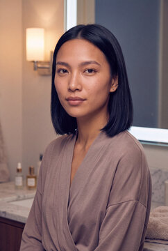 Calm portrait of a woman in a robe at a bathroom vanity for lifestyle and skincare branding or website hero banner use