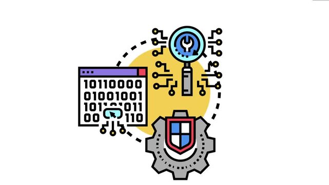 Application vulnerability protection technology securing digital data and networks, performing code analysis with a magnifying glass and shield for robust internet security
