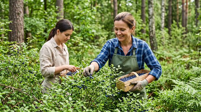 Two women picking fresh blueberries in forest berry patch for organic food background and harvest lifestyle
