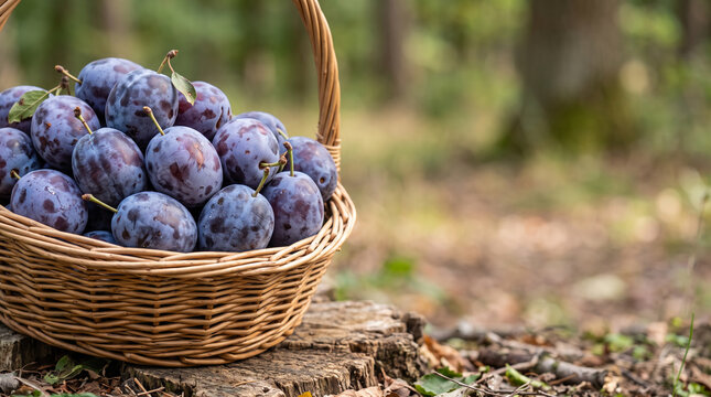 Wicker basket of harvested plums on a tree stump outdoors for rustic food background, autumn market banner and seasonal design